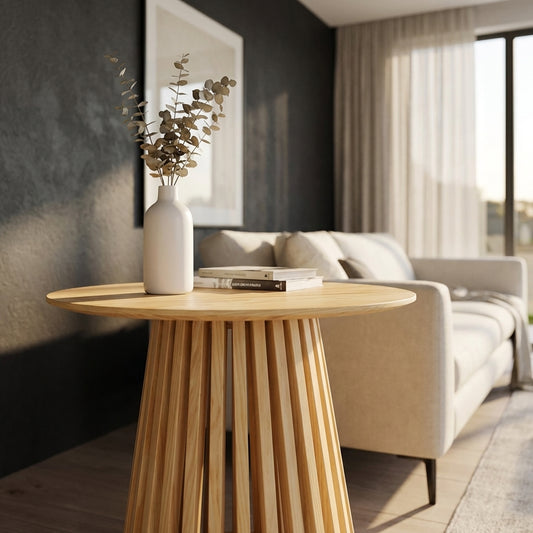 Haven Silhouette Round Side Table natural wood with slatted base and solid timber top