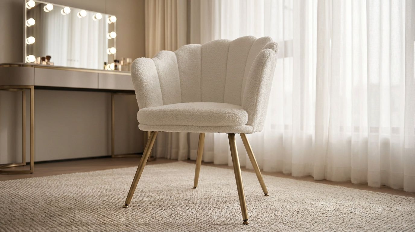 Whitearmchair in a room with a vanity table and mirror.