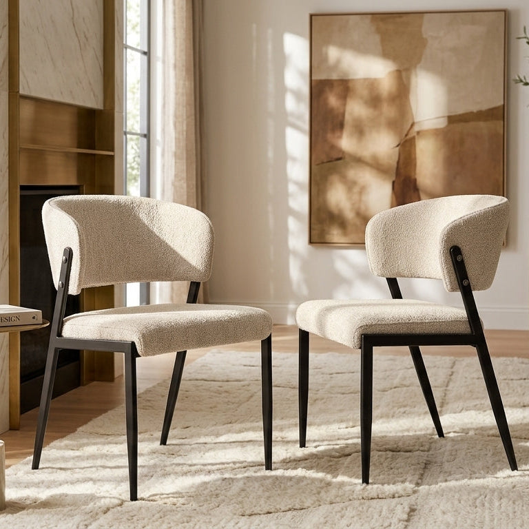 Harper beige linen dining chair set of two styled at a round dining table in a warm contemporary interior