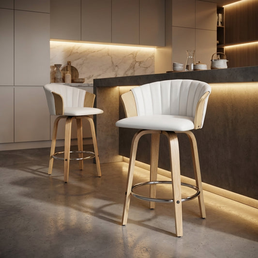 Arlo swivel bar stool in white upholstery with curved backrest and timber legs