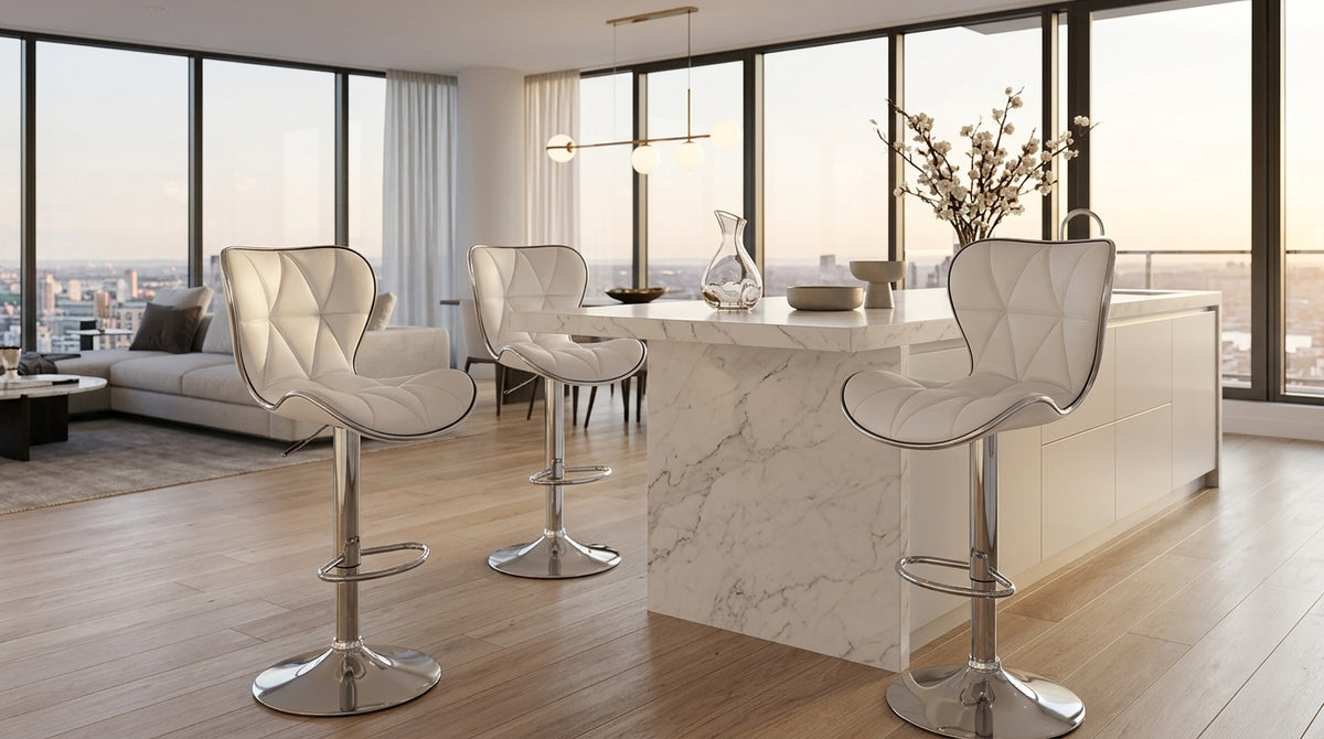 Cooper white swivel bar stool set of two at a kitchen island, diamond-quilted leather seat with chrome base
