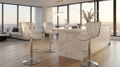 Cooper white swivel bar stool set of two at a kitchen island, diamond-quilted leather seat with chrome base