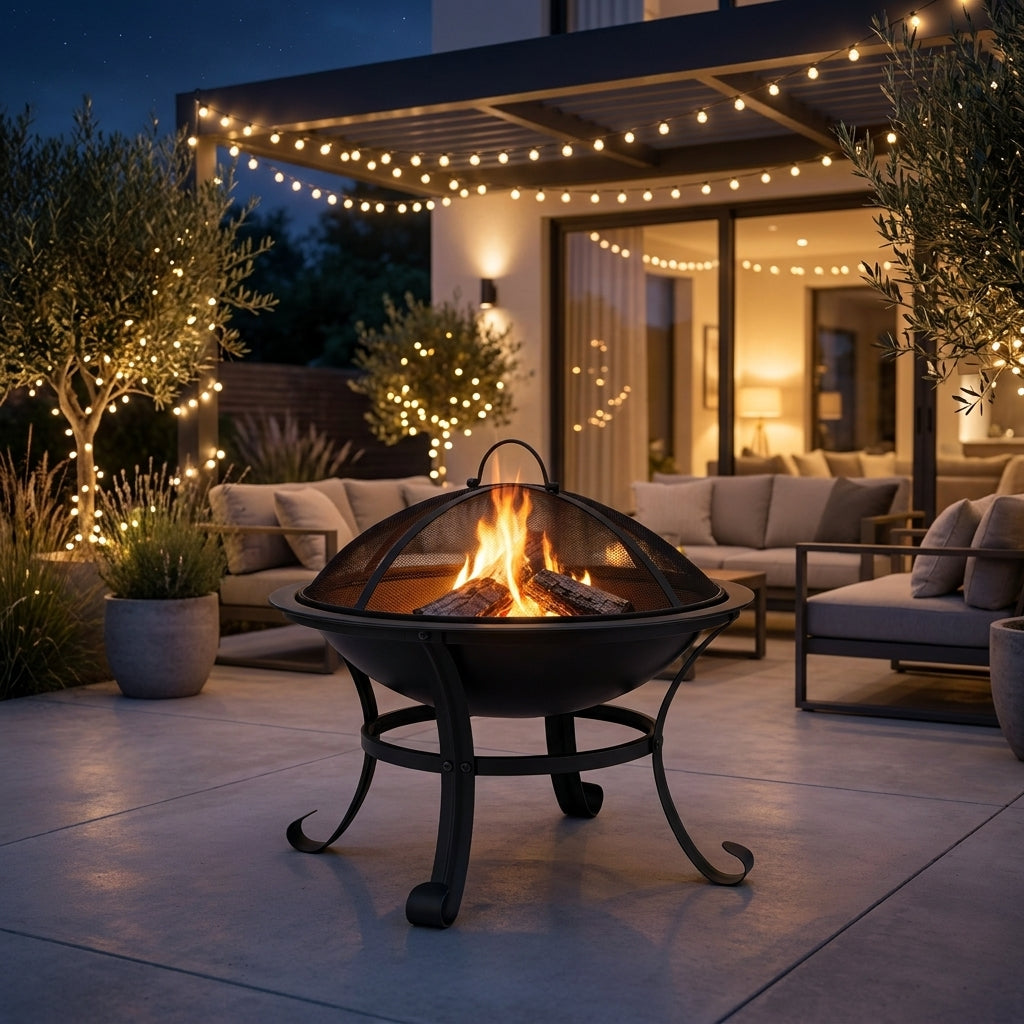 Portable fire pit BBQ with mesh spark guard and grill in an outdoor patio at night