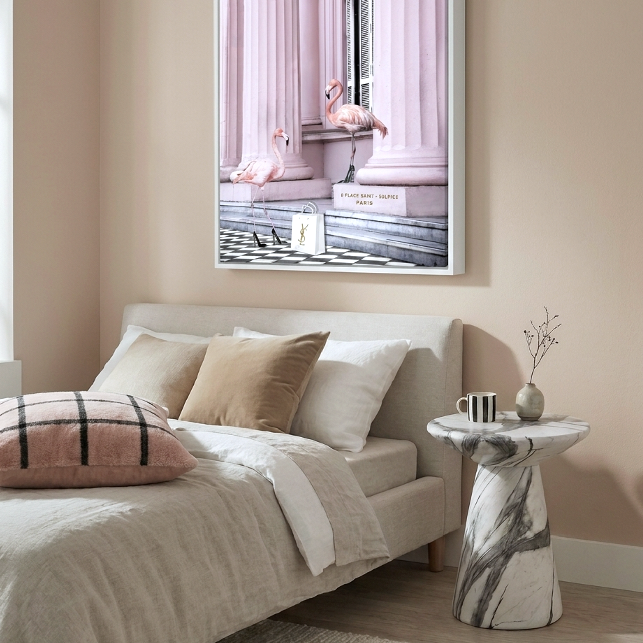 Saint Pink flamingos against a blush boutique facade fashion wall art