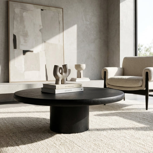 Nobu Round Sculptural Stone Coffee Table in Black | Modern Coffee Table by Interior Ave