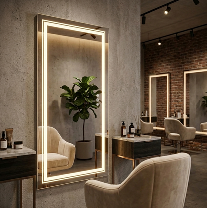 Large illuminated mirror in a modern interior setting with chairs and decor.