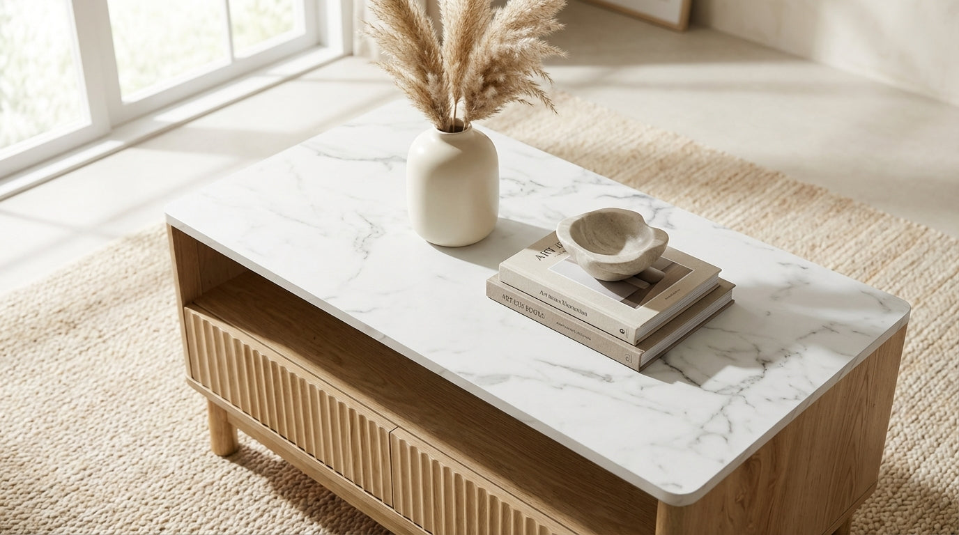 Blanc coffee table in wood and white with marble-look top, fluted drawers, open shelf and pine legs