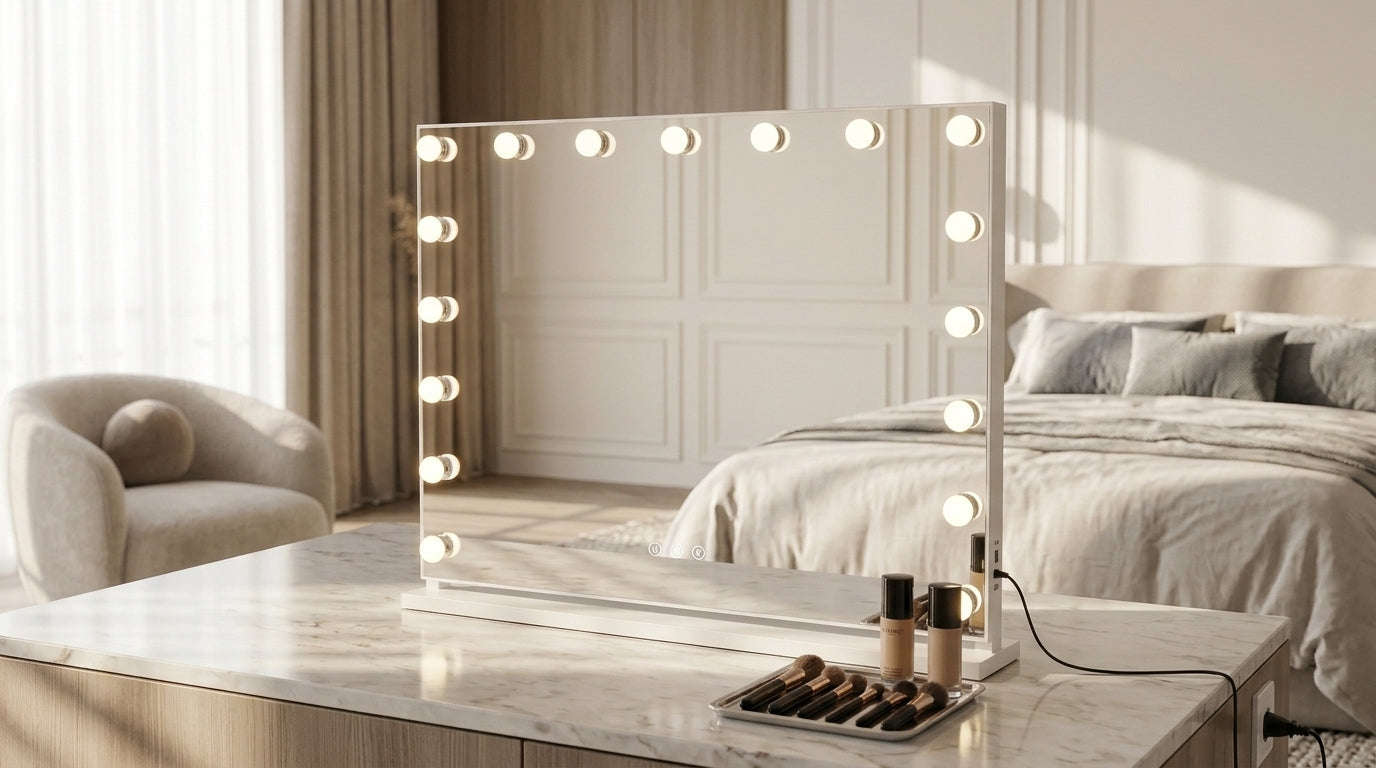 Hollywood Lux XL LED makeup mirror 90cm freestanding on a marble vanity table in a warm neutral bedroom with linen bedding