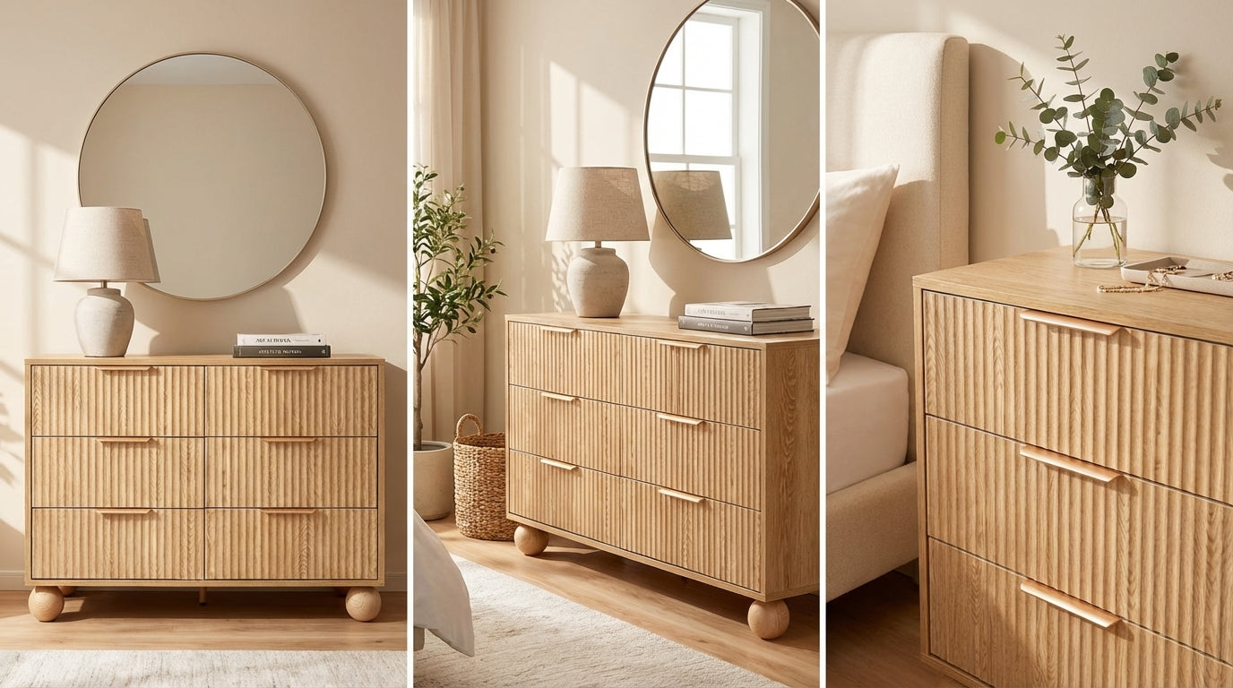 Three images of a wooden dresser with round mirror, lamp, and plant in a neutral-colored room.