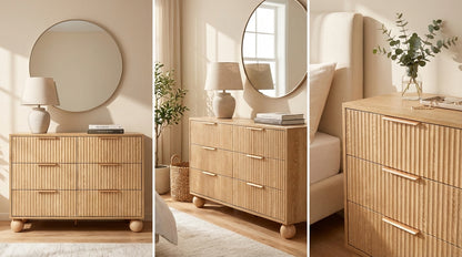 Three images of a wooden dresser with round mirror, lamp, and plant in a neutral-colored room.