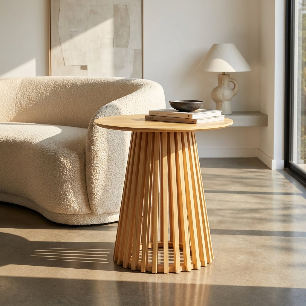 Haven Silhouette Round Side Table natural wood with slatted base and solid timber top