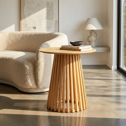 Haven Silhouette Round Side Table natural wood with slatted base and solid timber top