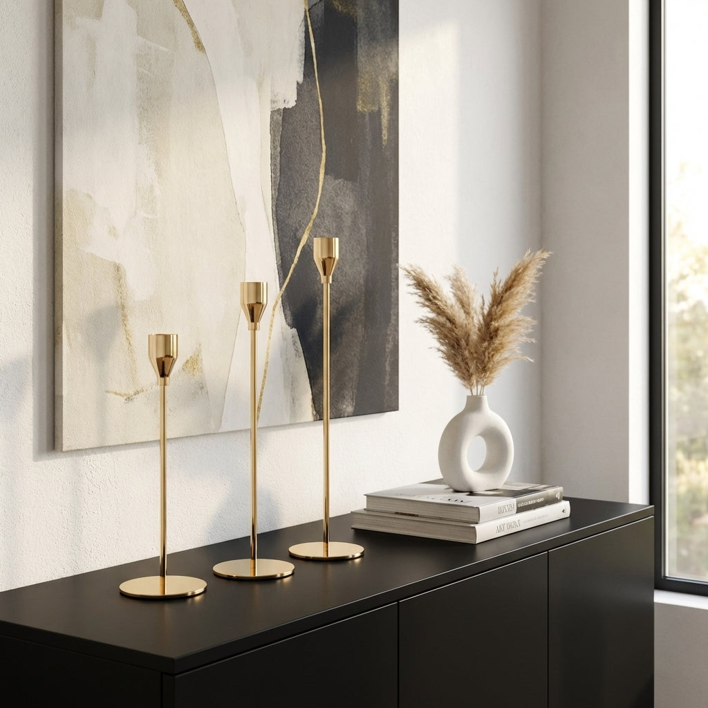 Decorative setup with gold candle holders, a white vase with dried plants, and books on a black surface.