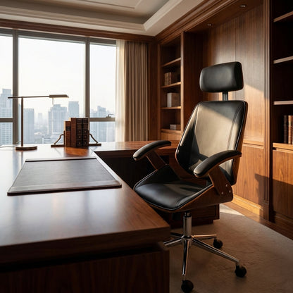 Ashby Executive Office Chair – Walnut Frame & Black Leather