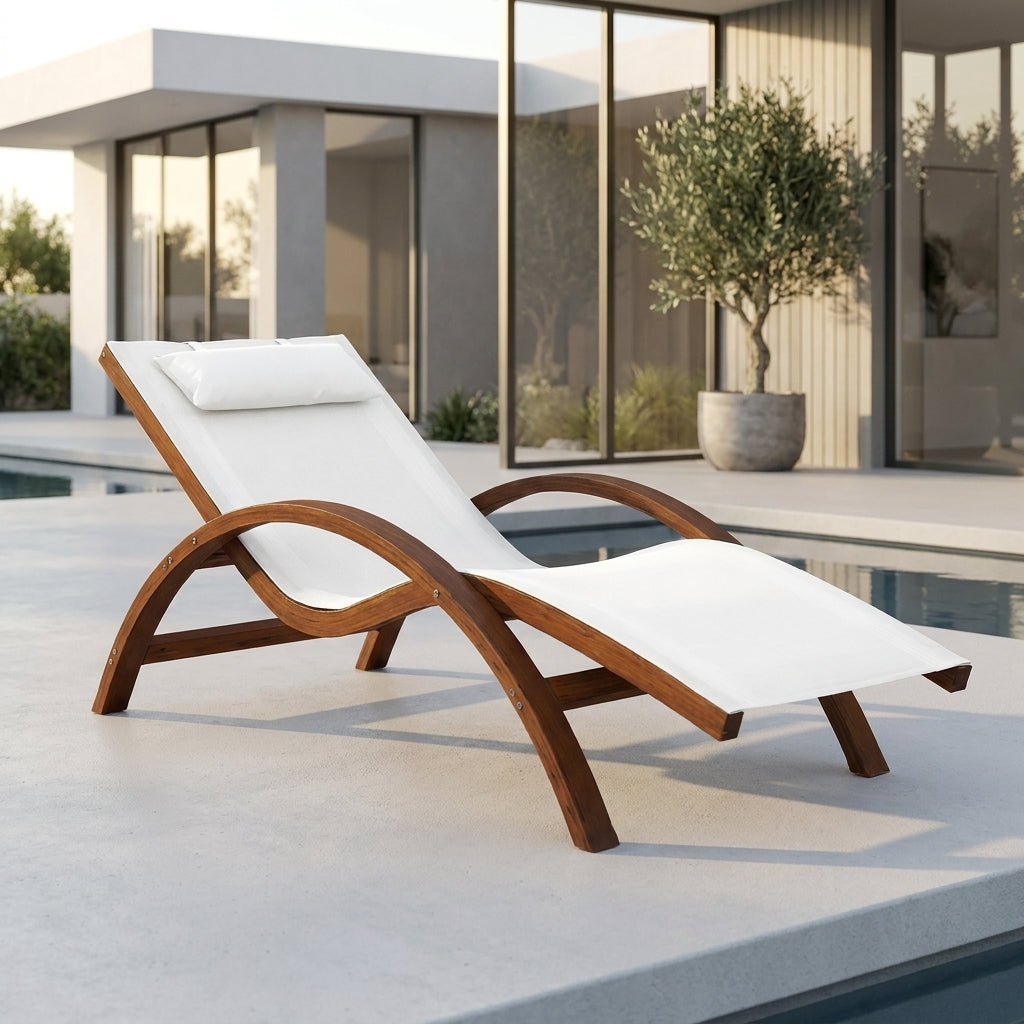 Monaco curved larch timber sun lounge with cream all-weather pillow for outdoor use