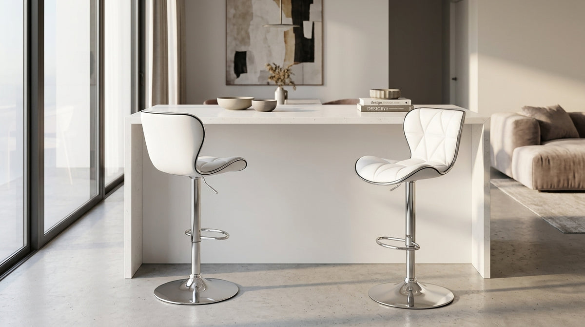 Cooper white swivel bar stool set of two styled in a bright contemporary living space