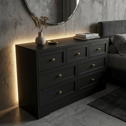 Noir black 7 drawer dresser with sleek metal handles and modern design