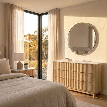 Blanc dresser in natural pine with six drawers, fluted drawer fronts and elevated timber legs