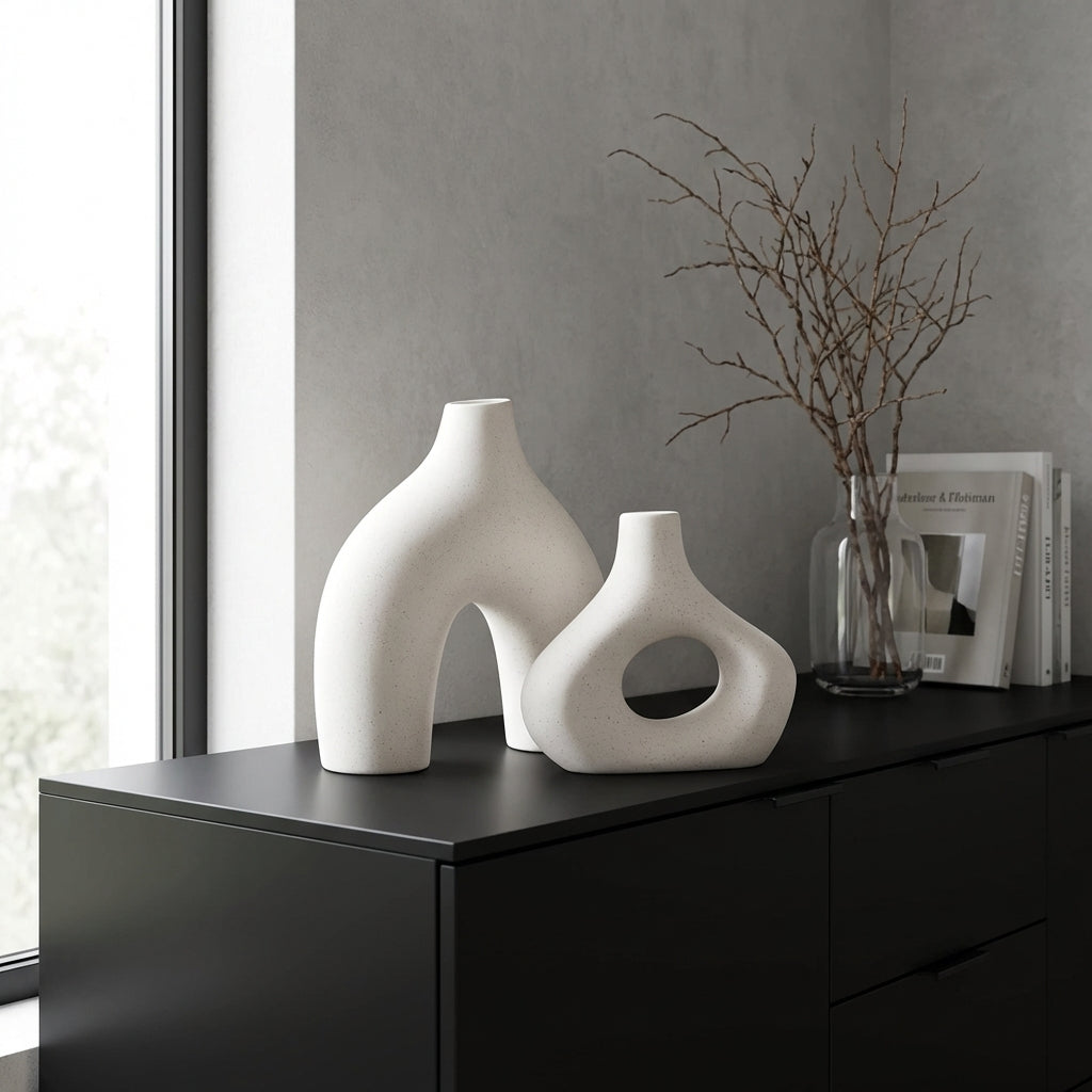 Ceramic Set of 2 Modern White Vases for Home Decor