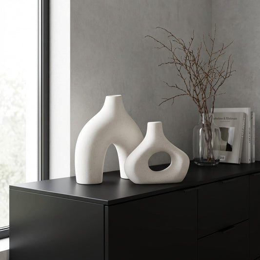 Ceramic Set of 2 Modern White Vases for Home Decor