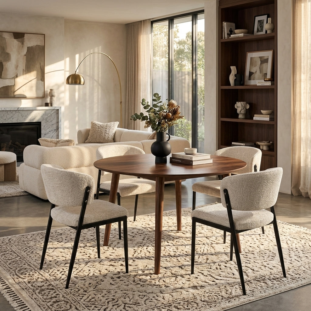 Harper beige linen dining chair set of two at a timber dining table with warm ambient lighting