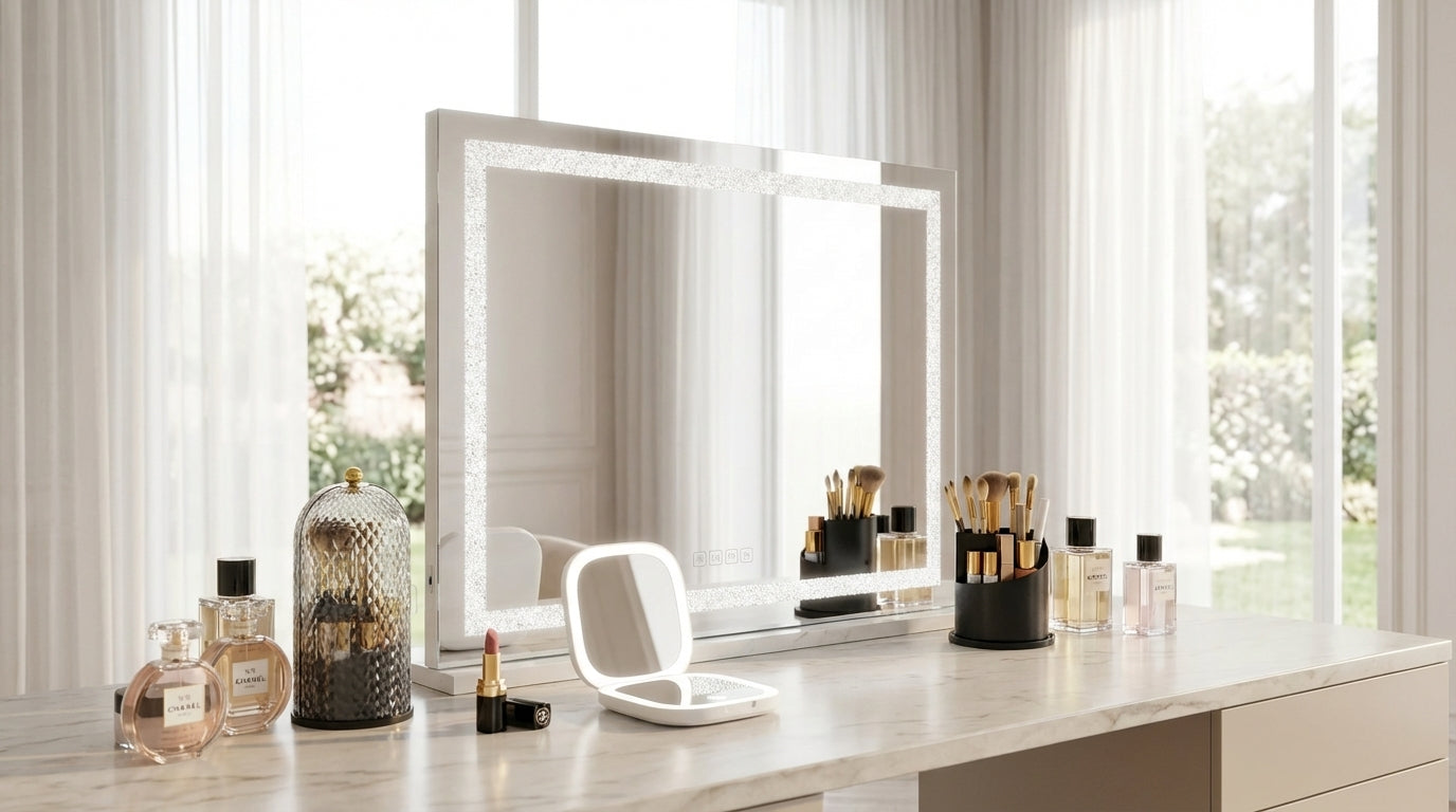 Cosmetic vanity setup with mirror, lights, and various products on a light-colored surface.