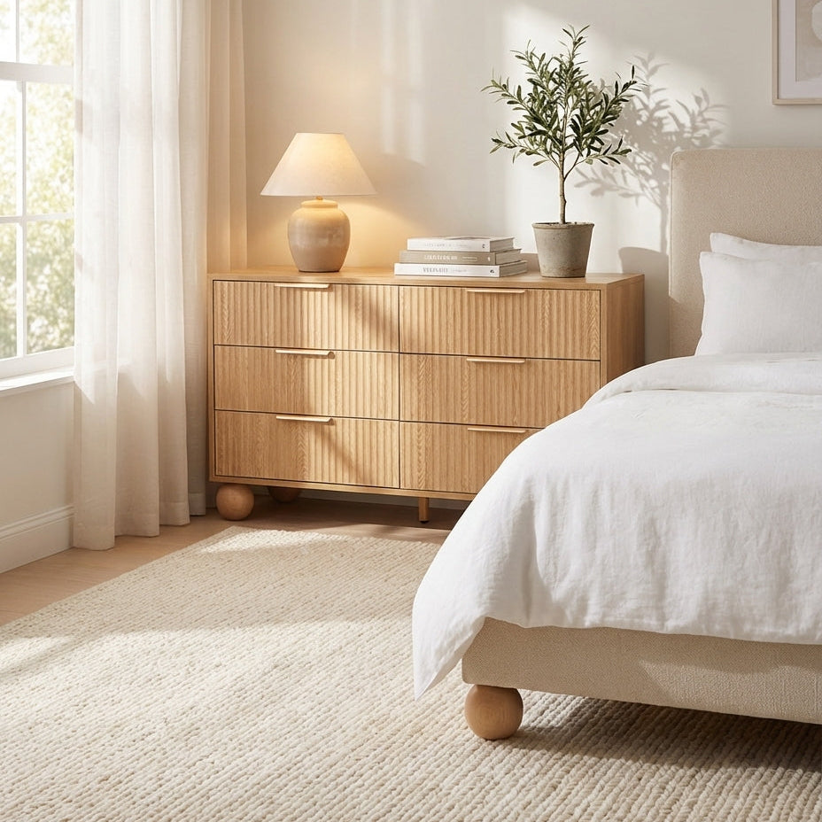 Tova dresser in natural pine with fluted drawer fronts and ball shaped legs