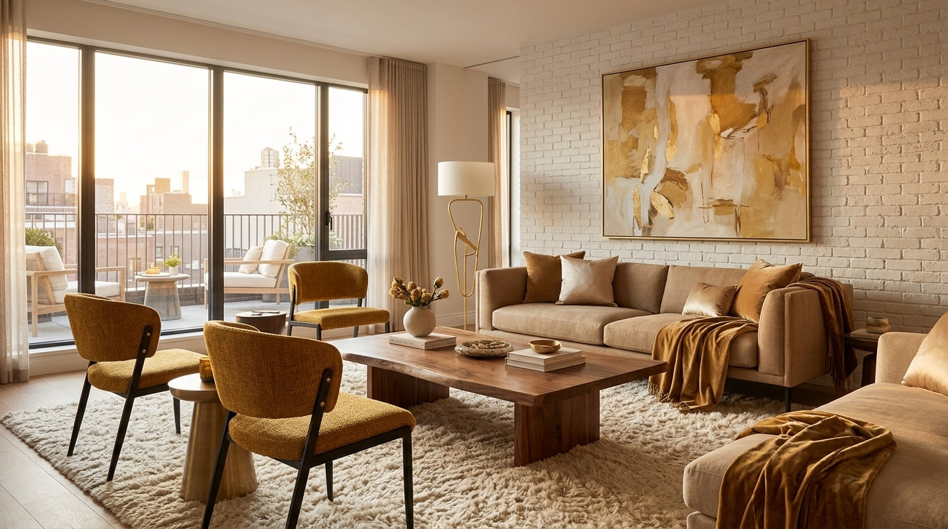 Harper saffron dining chair set of two in an open-plan living and dining space with teal sofa and fireplace