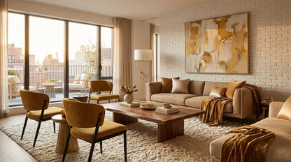 Harper saffron dining chair set of two in an open-plan living and dining space with teal sofa and fireplace