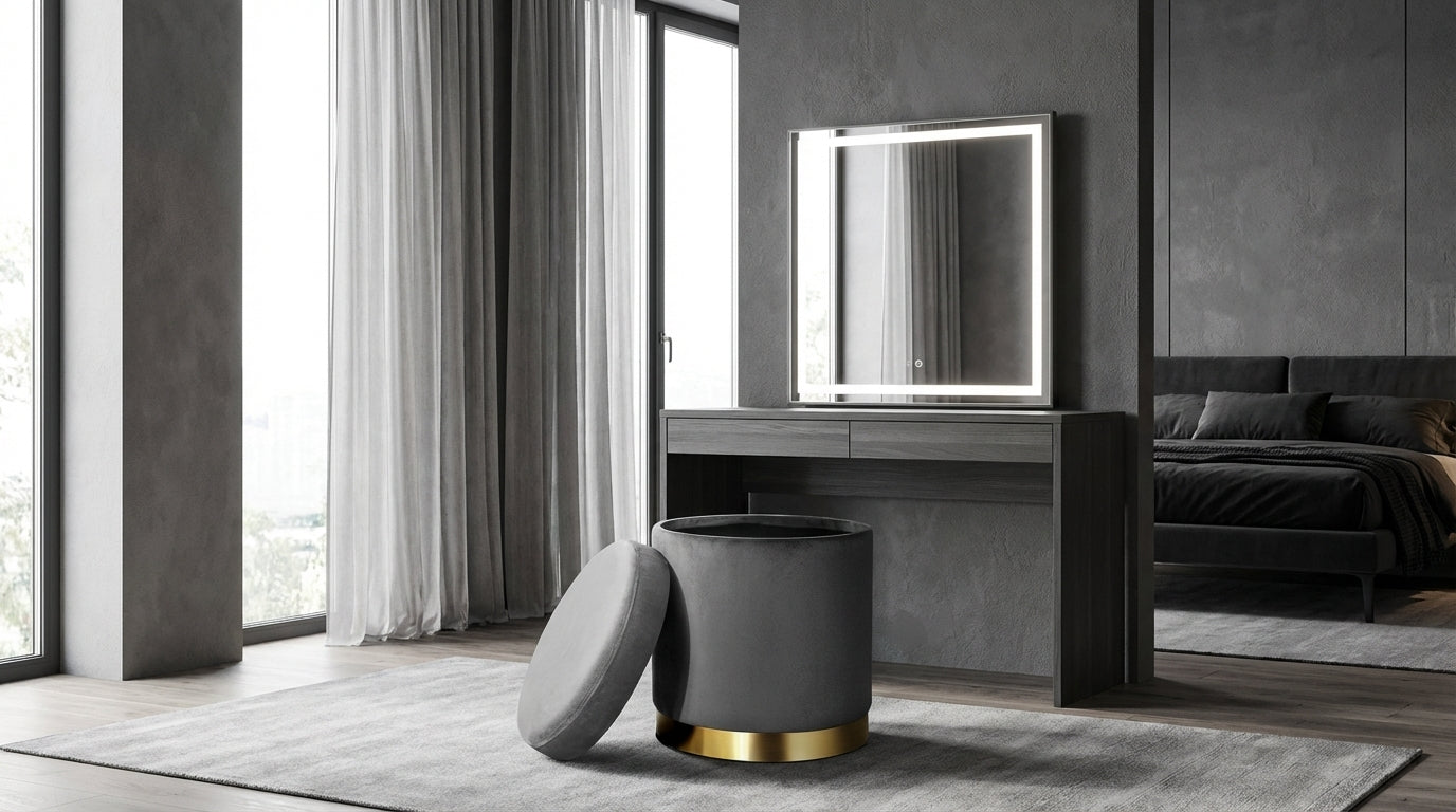Gia Velvet Storage Ottoman – Charcoal Grey Tufted Footstool with Storage