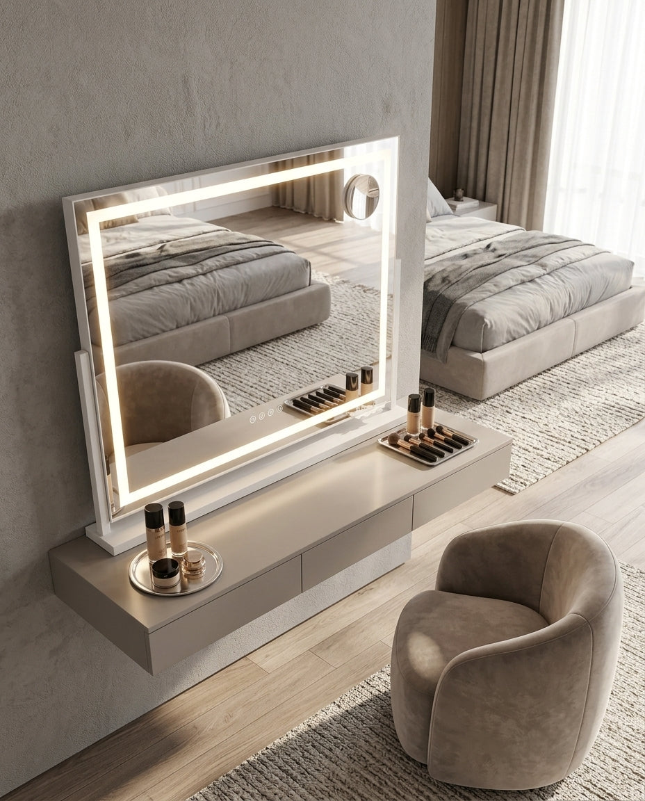 Makeup Pro XL LED vanity mirror 100cm angled view on a white dressing table showing illuminated LED frame and touch controls