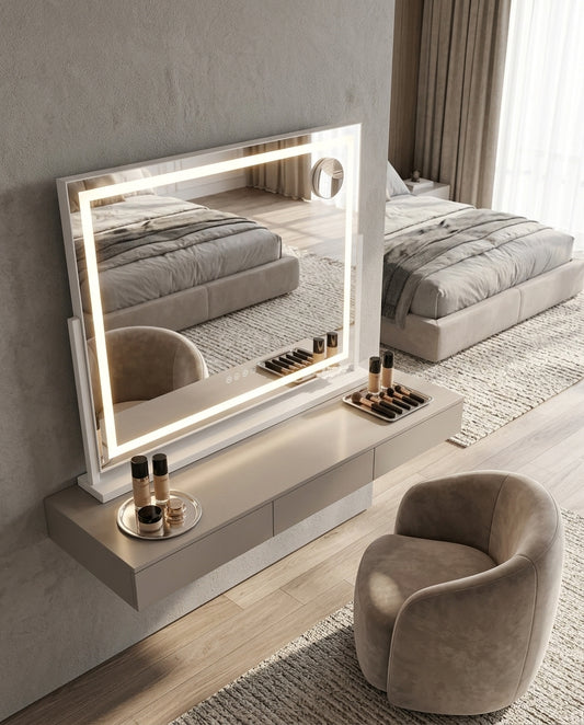 Makeup Pro XL LED vanity mirror 100cm angled view on a white dressing table showing illuminated LED frame and touch controls