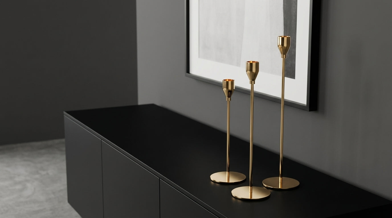 Gold candle holders on a black surface with a gray wall and framed picture in the background