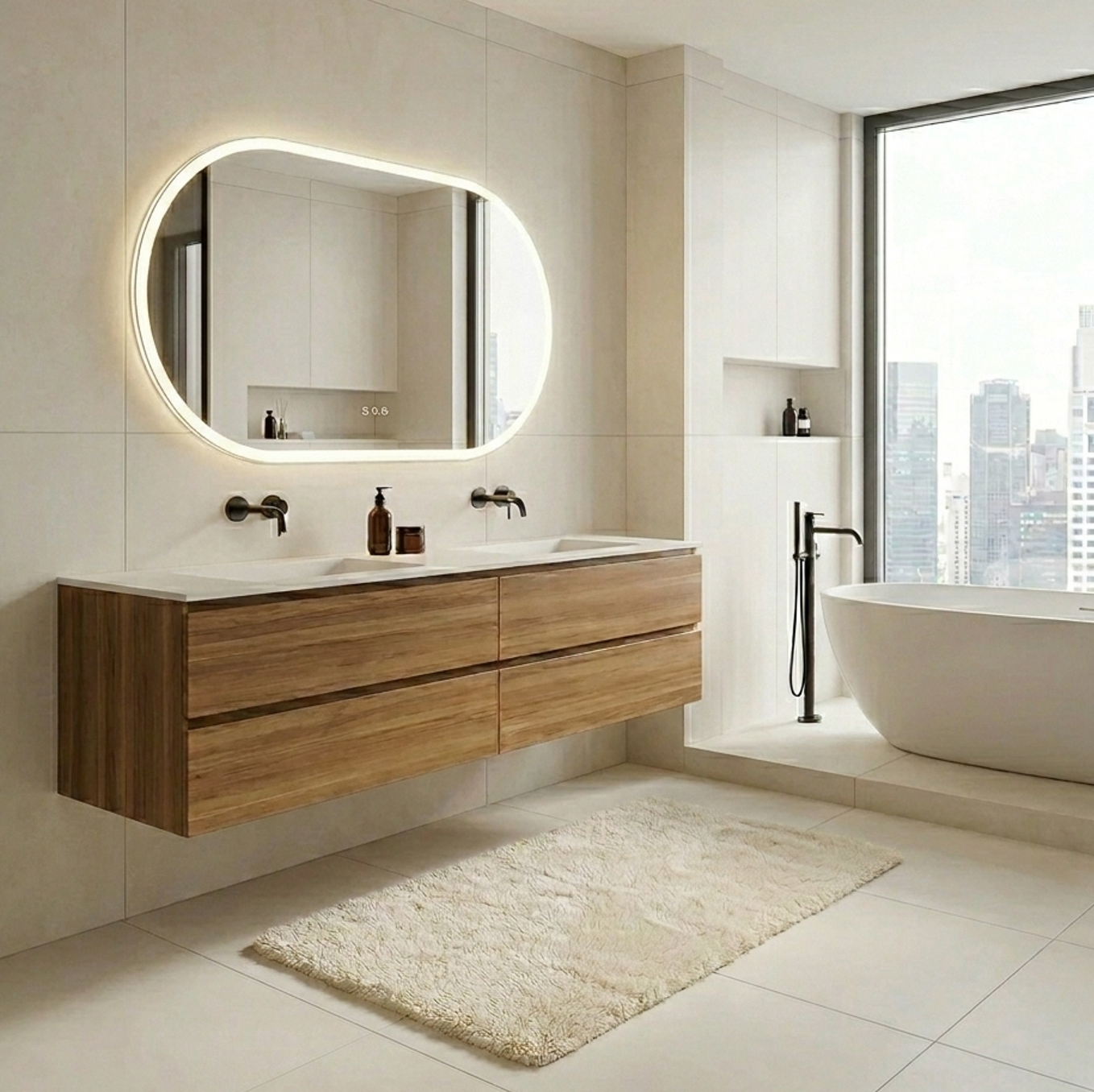 Modern bathroom with wooden vanity, round mirror, and bathtub.