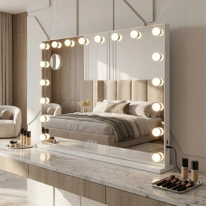 Hollywood Lux XL LED makeup mirror 90cm styled on a marble and timber dressing table with makeup brushes and beauty products, neutral bedroom in background