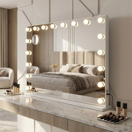 Hollywood Lux XL LED makeup mirror 90cm styled on a marble and timber dressing table with makeup brushes and beauty products, neutral bedroom in background