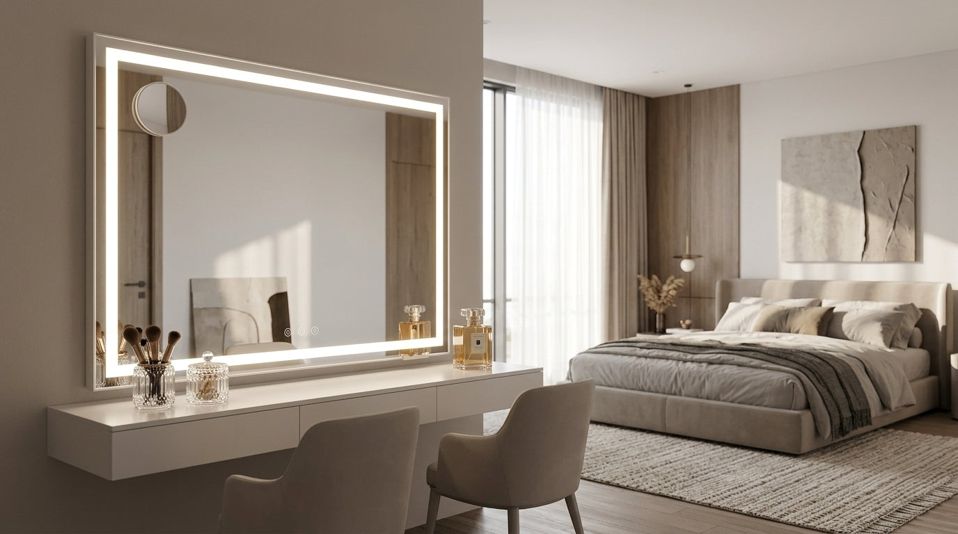 Makeup Pro XL LED vanity mirror 100cm styled in a neutral bedroom vanity setting with beauty products and warm lighting