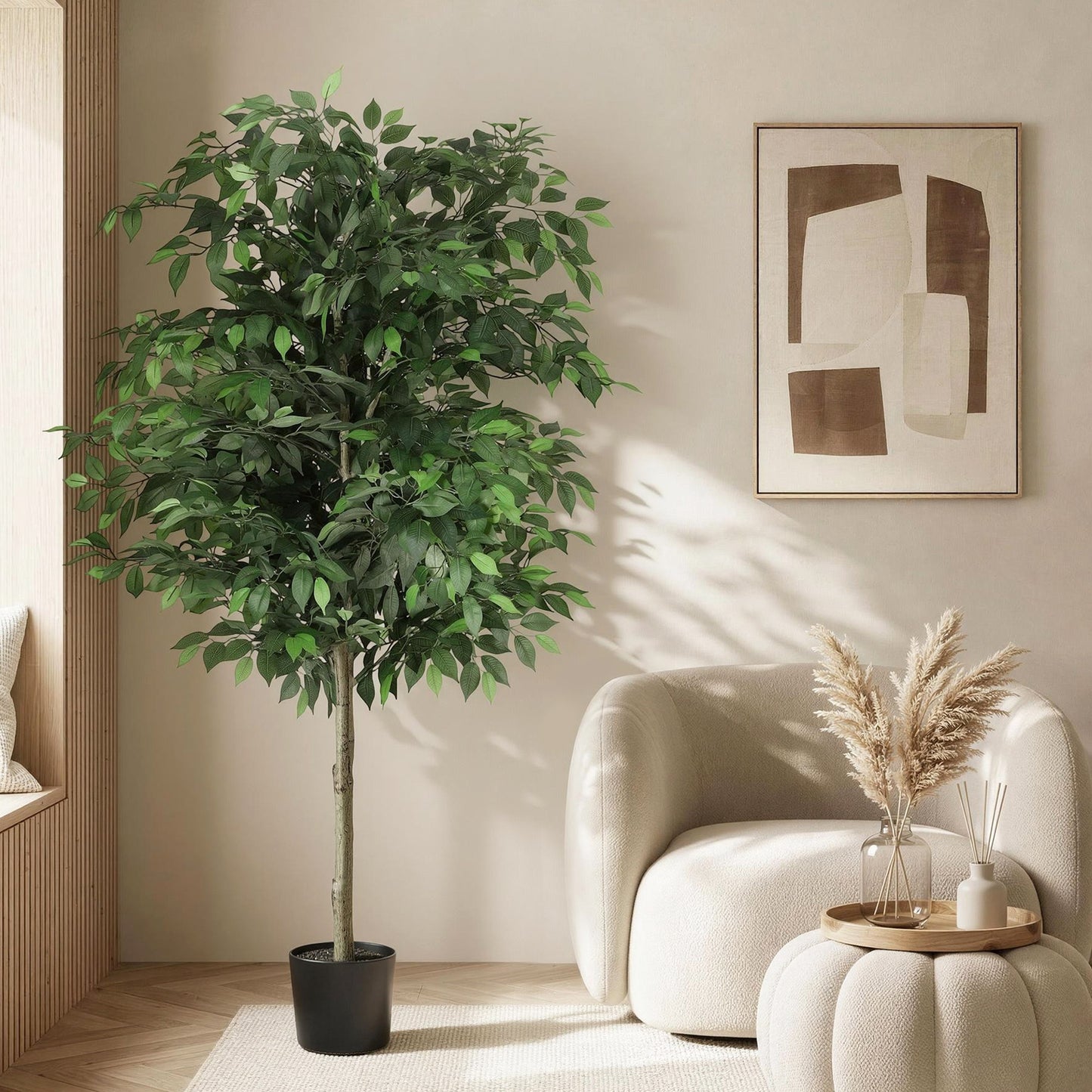 180cm faux ficus tree with dense layered green foliage in a weighted cement pot
