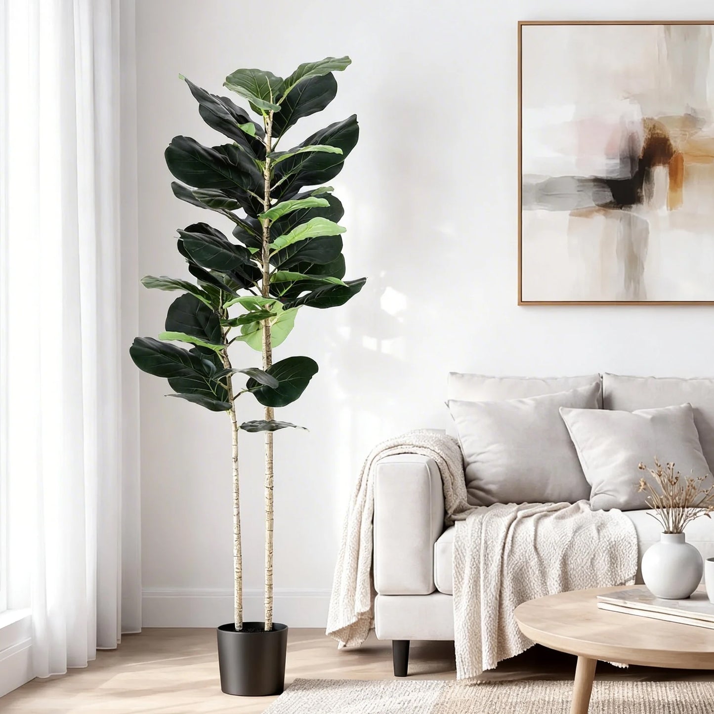 150cm faux fiddle leaf tree with broad glossy green leaves in a weighted cement pot