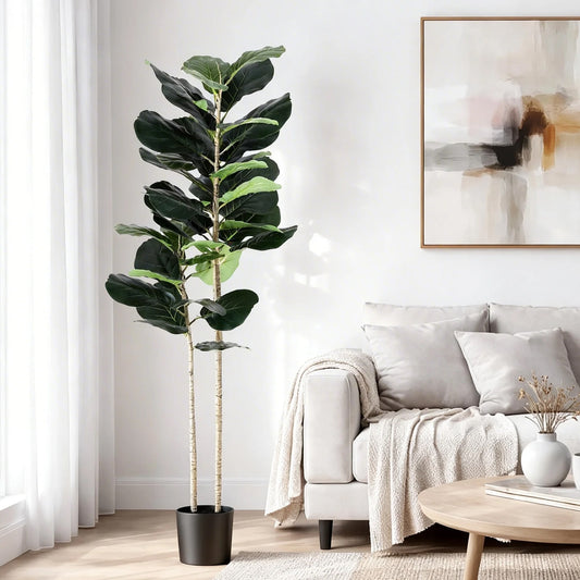 150cm faux fiddle leaf tree with broad glossy green leaves in a weighted cement pot