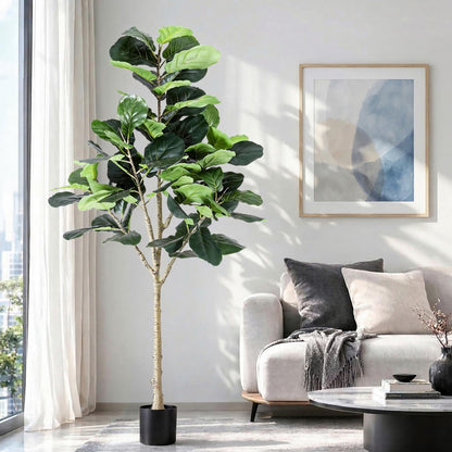 180cm tall faux fiddle leaf tree with broad glossy green leaves in a weighted cement pot