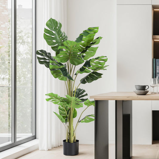 140cm faux monstera tree with split-leaf green foliage in a weighted cement pot