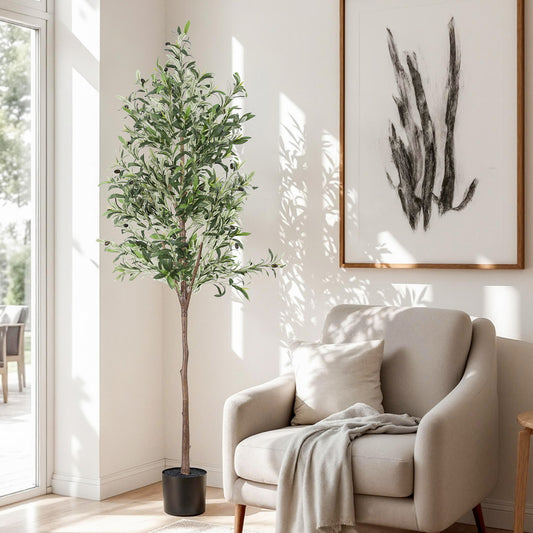 180cm tall faux olive tree with delicate silver-green foliage in a weighted cement pot