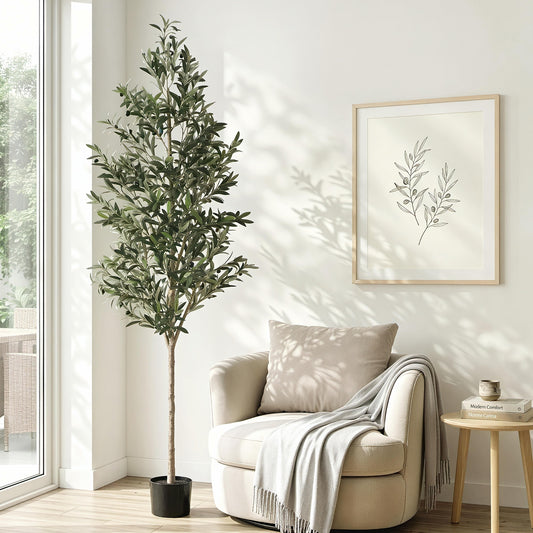 210cm tall faux olive tree with silver-green foliage in a weighted cement pot for high-ceilinged spaces