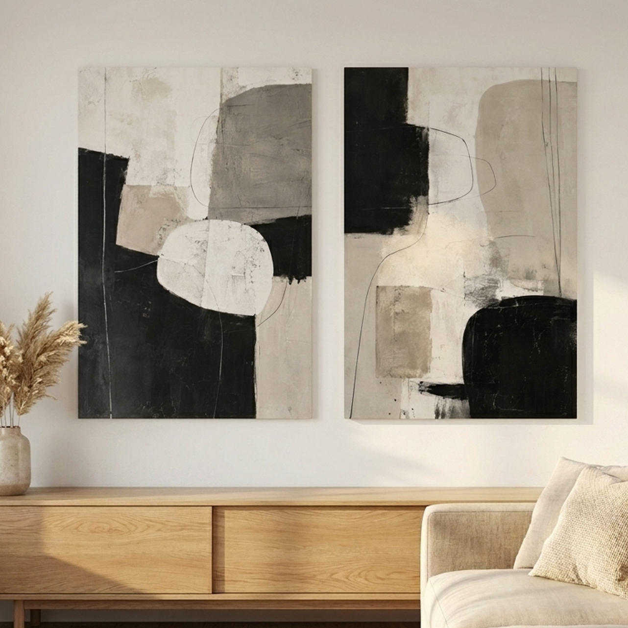 Axis neutral abstract diptych wall art in cream, taupe and black above a sideboard