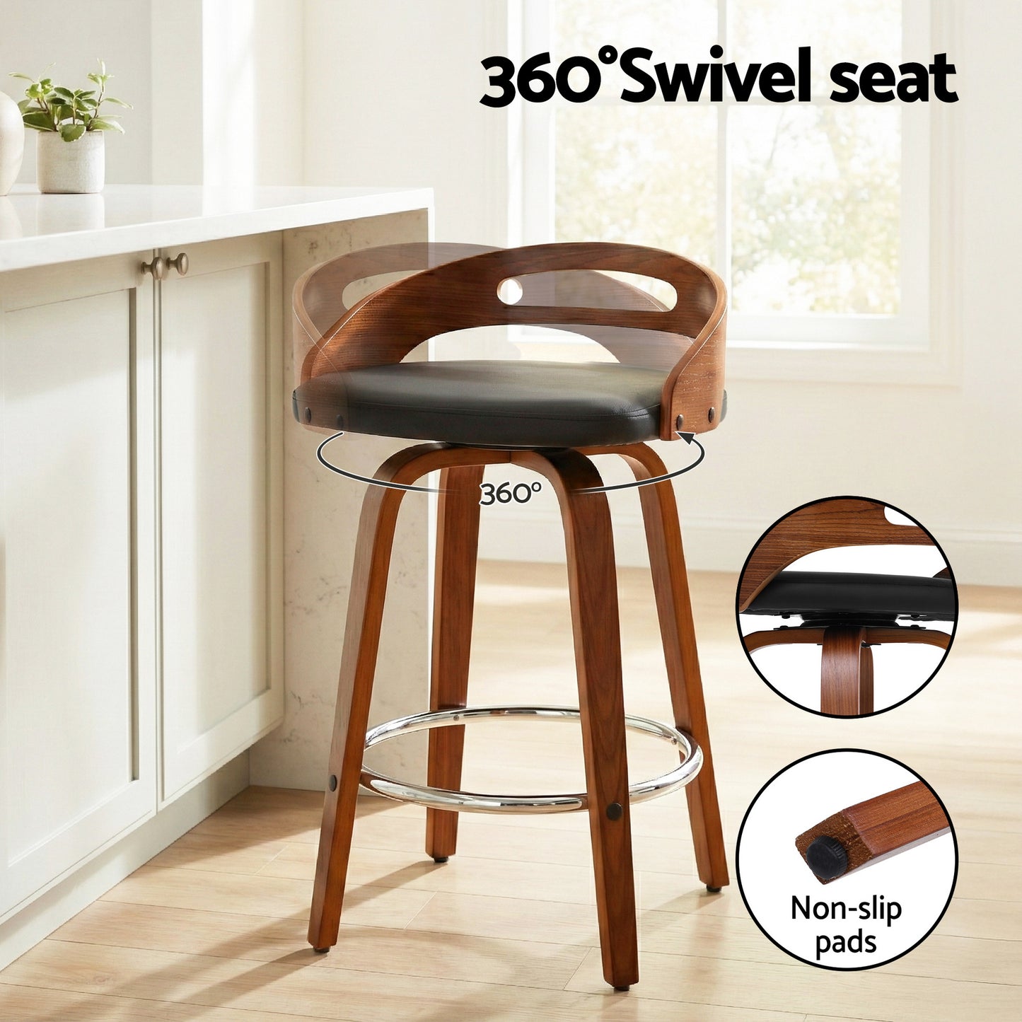 Kivo Bar Stool - Black & Walnut Wood (Set of 2)