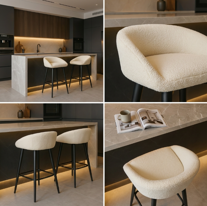 White bouclé bar stool with black metal frame – Brosa by Interior Ave