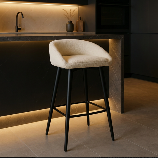 White bouclé bar stool with black metal frame – Brosa by Interior Ave