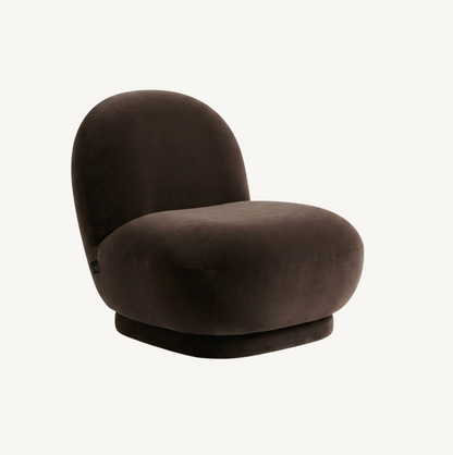 Cloud swivel occasional chair in espresso velvet, wide curved barrel silhouette with 360° swivel base