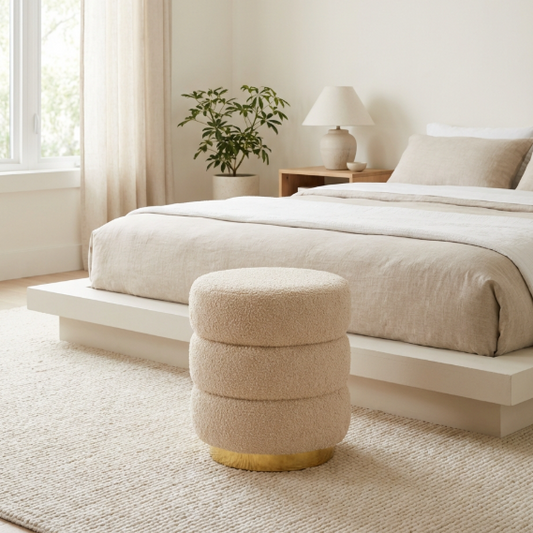 Calista Round Stacked Ottoman - Beige Teddy Fleece – modern footstool by Interior Ave